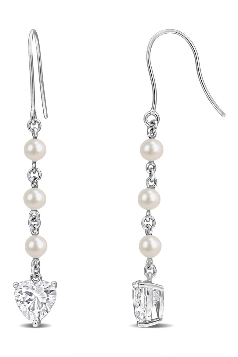 Cultured Pearl & Lab Grown White Sapphire Heart Drop Earrings, Main, color, WHITE