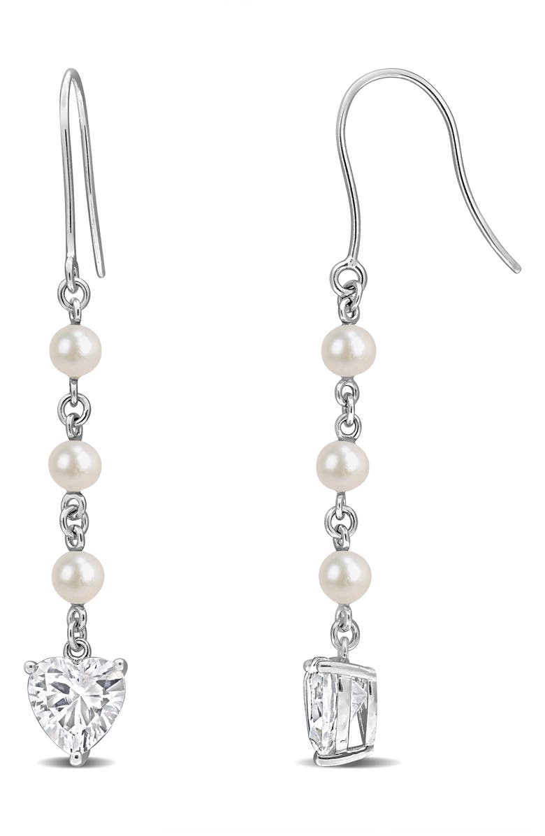DELMAR Cultured Pearl & Lab Grown White Sapphire Heart Drop Earrings, Main, color,