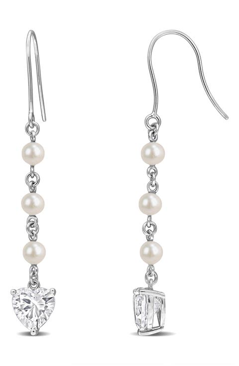 Cultured Pearl & Lab Grown White Sapphire Heart Drop Earrings