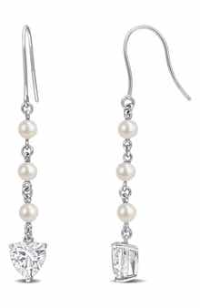 Cultured Pearl & Lab Grown White Sapphire Heart Drop Earrings