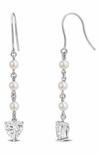 Cultured Pearl & Lab Grown White Sapphire Heart Drop Earrings