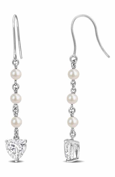 DELMAR Cultured Pearl & Lab Grown White Sapphire Heart Drop Earrings