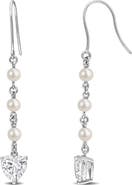 DELMAR Cultured Pearl & Lab Grown White Sapphire Heart Drop Earrings