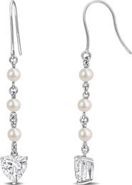 DELMAR Cultured Pearl & Lab Grown White Sapphire Heart Drop Earrings