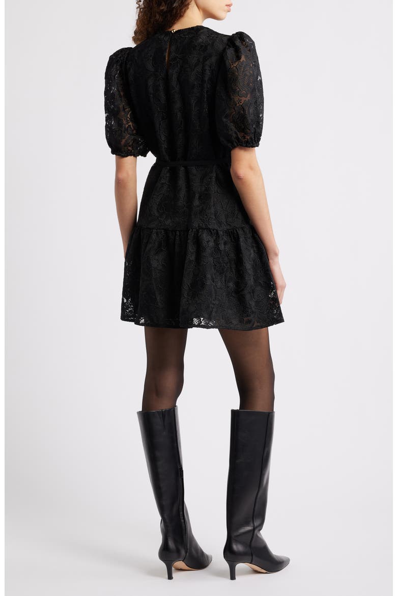 Lace Puff Sleeve Tiered Minidress, Alternate, color, BLACK