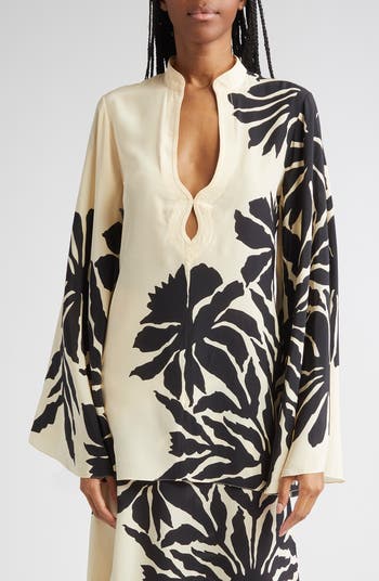 Robe à Langer Johanna Ortiz Crêpe Noir Blanc Fleurs - Taille S 36, Neuf Avec étiquettes