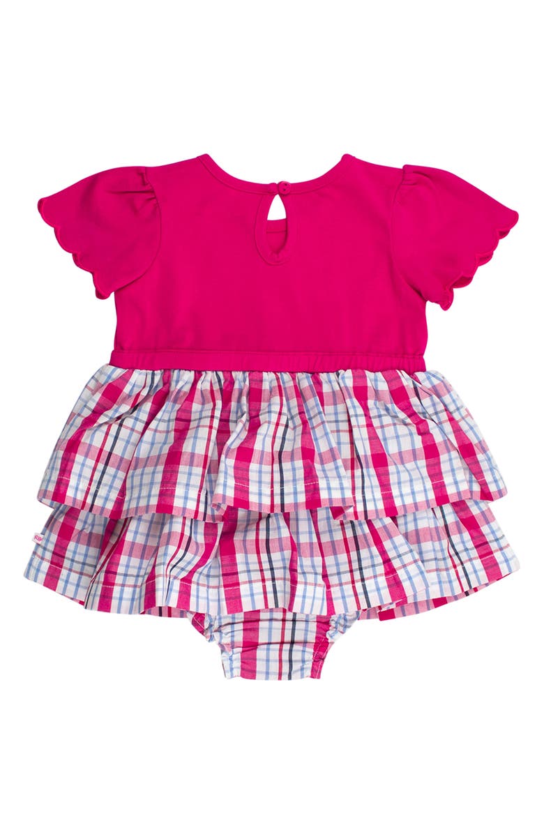 RuffleButts Adley Plaid Mixed Media Stretch Cotton Skirted Bodysuit, Alternate, color, Pink