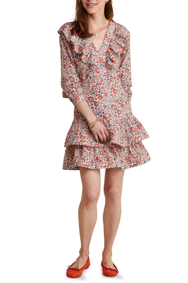 Ivy Floral Long Sleeve Cotton & Silk Dress, Main, color, FLORAL MULTI - STONE
