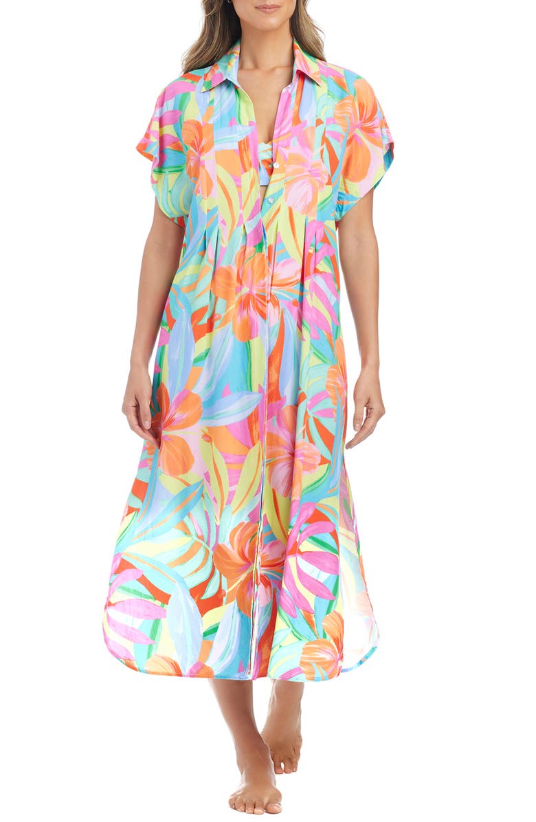 BLEU by Rod Beattie Pleated Dolman Sleeve Cover-Up Shirtdress, Main, color, 