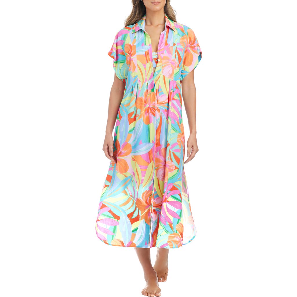 Rod Beattie Pleated Dolman Sleeve Cover-Up Shirtdress in Pink Multi at Nordstrom, Size Small