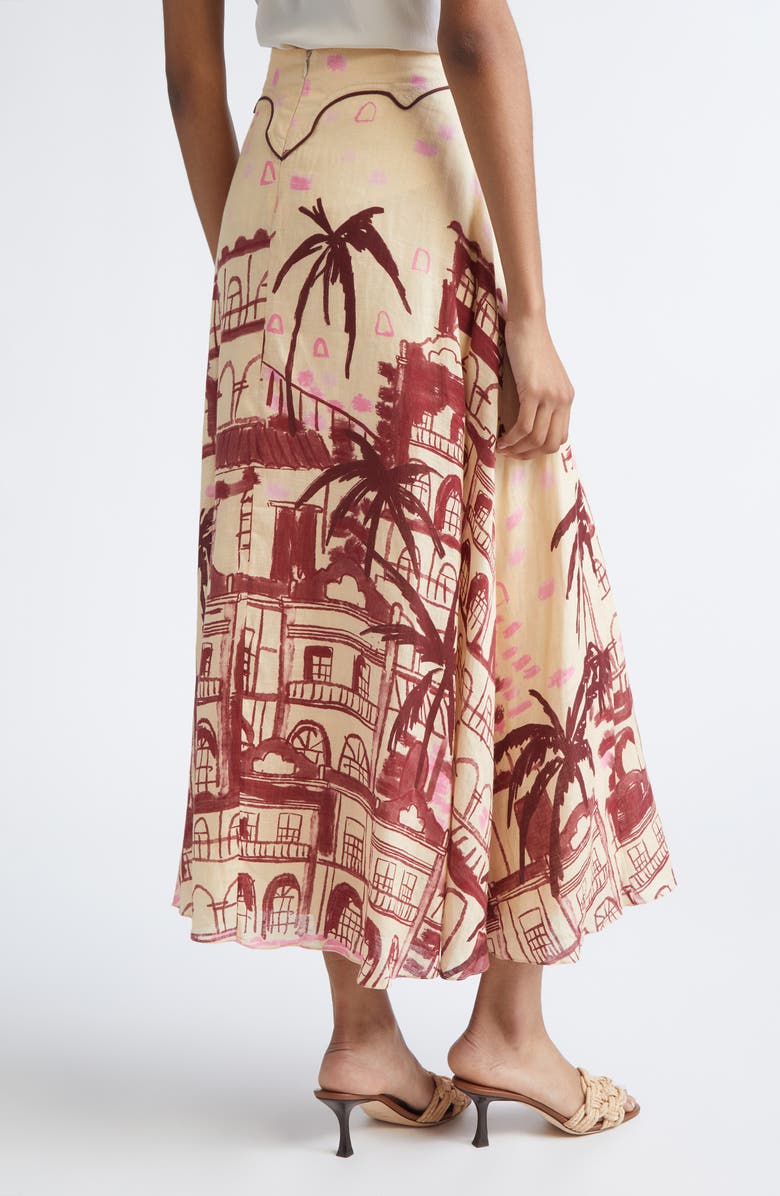 Johanna Ortiz Steps of Joy Tropical Print A-Line Linen Skirt, Alternate, color, Ecru / Wine