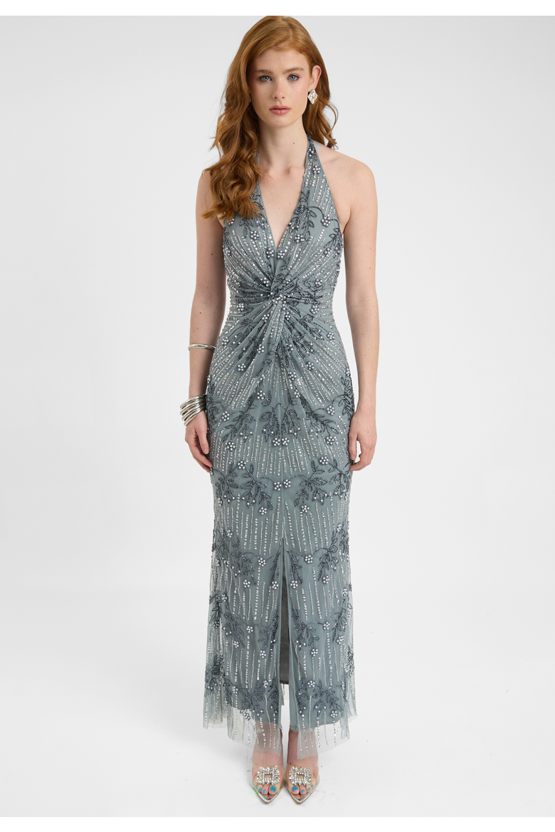 Embellished Sequin Beaded Maxi Dress With Knot Design, Main, color, MISTY GREY