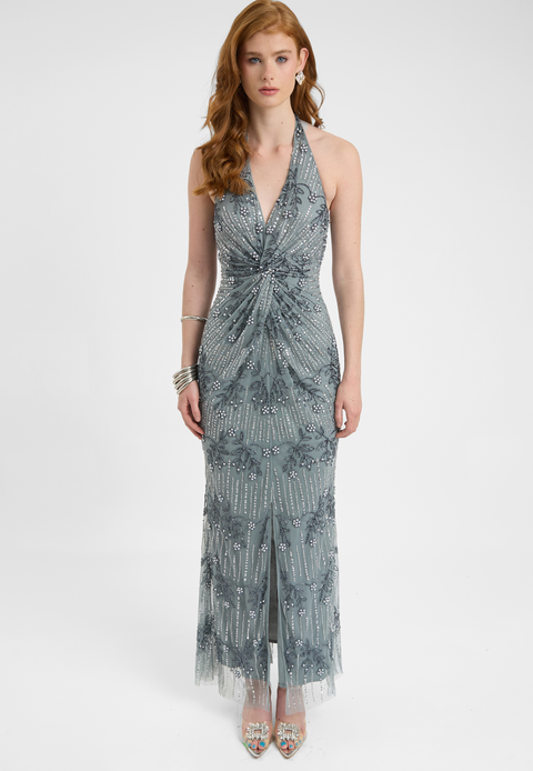 Embellished Sequin Beaded Maxi Dress With Knot Design