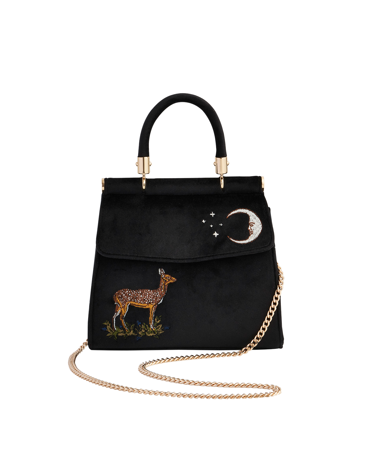 Fable England Deer & Moon Embroidered Black Velvet Tote, Alternate, color, Black