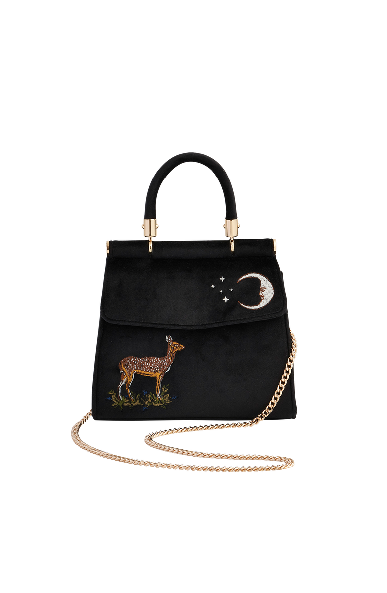 Fable England Deer & Moon Embroidered Black Velvet Tote, Alternate, color, Black