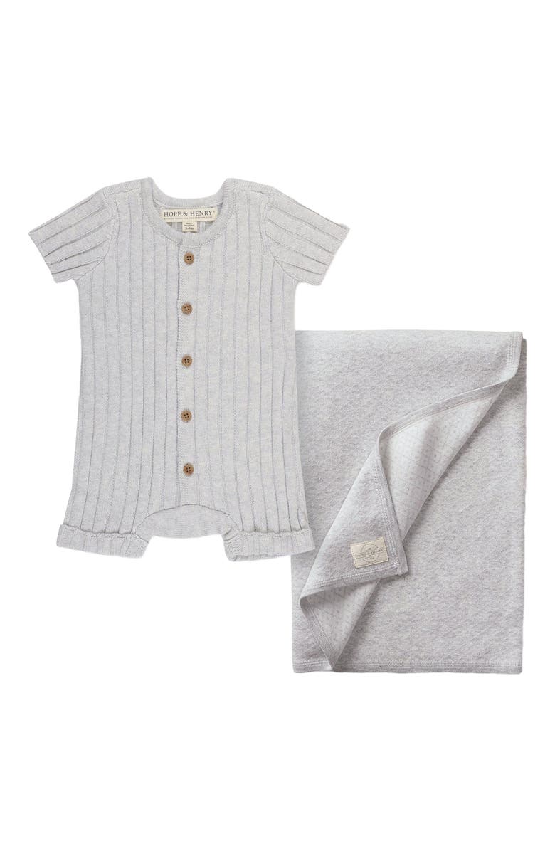 Hope & Henry Baby Shortie Romper & Jacquard Blanket Gift Set, Main, color, Light Gray Heather