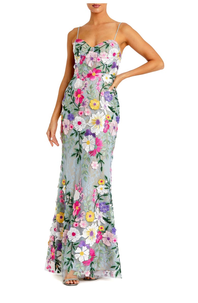 Mac Duggal Petite Floral Embroidered Sleeveless Bustier Gown, Main, color, Sage Multi