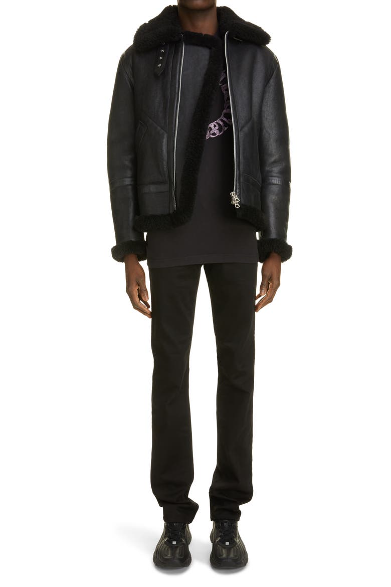Leather & Shearling Aviator Jacket, Alternate, color, BLACK