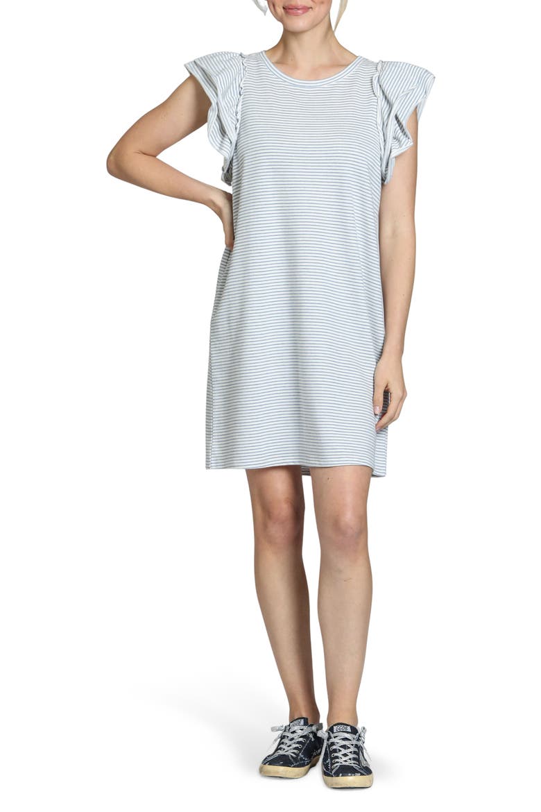 Double Ruffle Sleeve Cotton Minidress, Main, color, CHAMBRAY WHITE