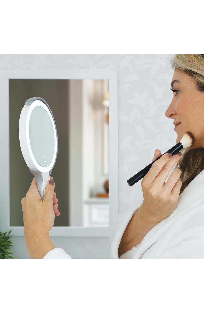 Zadro Multi-Position Lighted Travel Hand Mirror with 10X/1X Magnification, Alternate, color, White/Silver