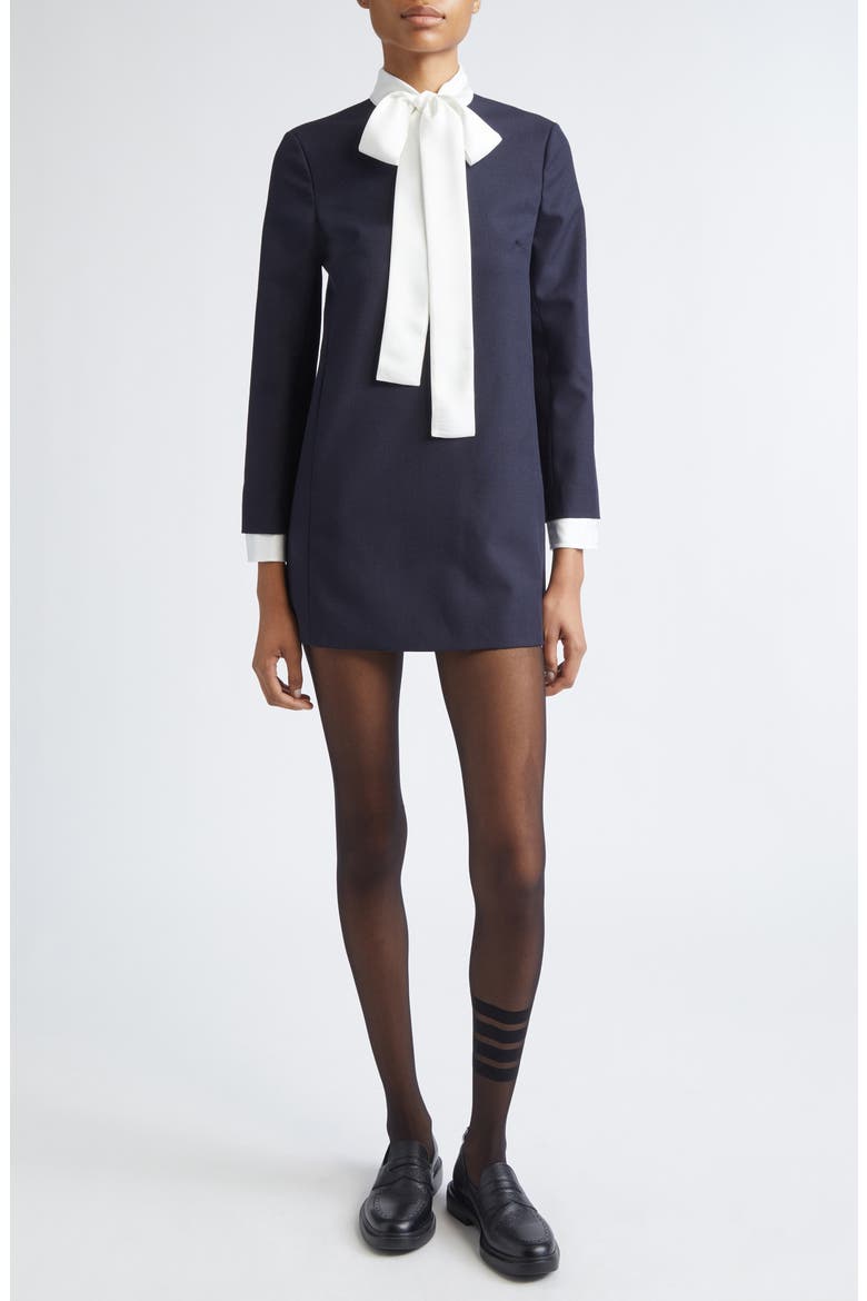 Bow Neck Long Sleeve Virign Wool Dress, Main, color, 415 NAVY