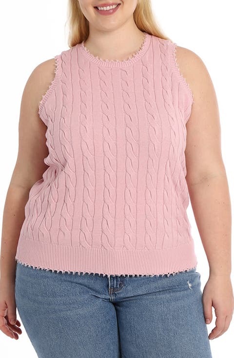 Frayed Cable Knit Cotton Sweater Tank (Plus)