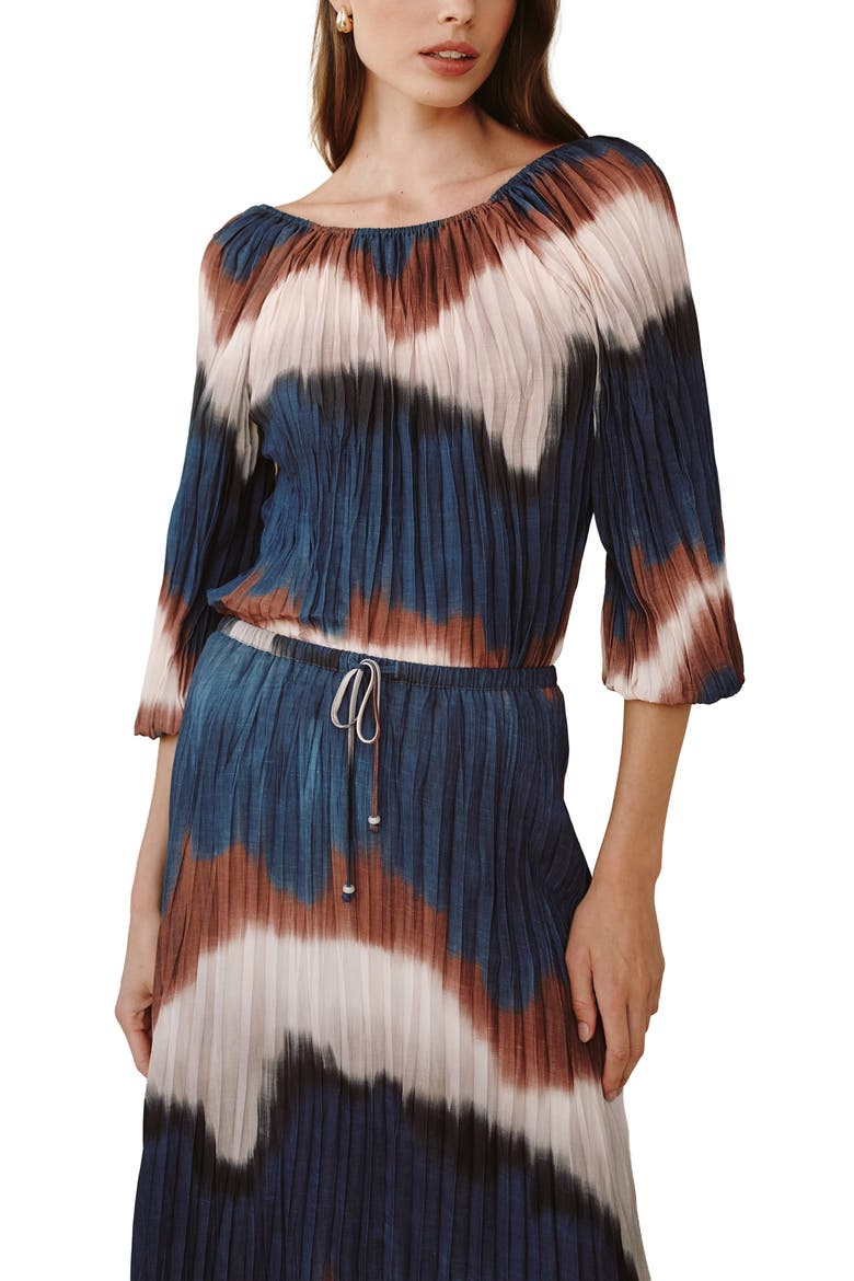 Pleated Bubble Sleeve Top, Main, color, MIDNIGHT TIDES PRINT