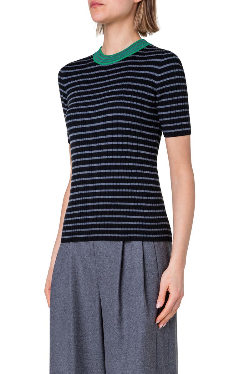 Akris punto Stripe Rib Short Sleeve Virgin Merino Wool Sweater, Alternate, color,