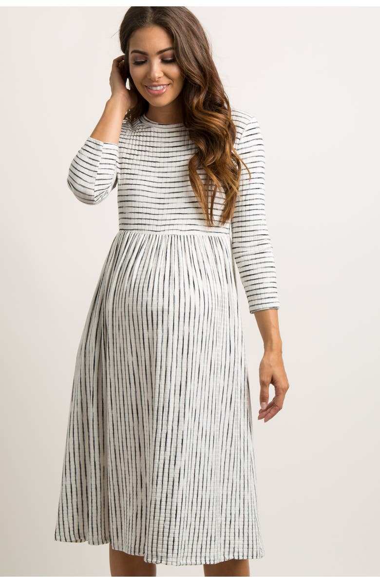 PinkBlush Ribbed Striped Pleated Midi Dress, Alternate, color, Ivory