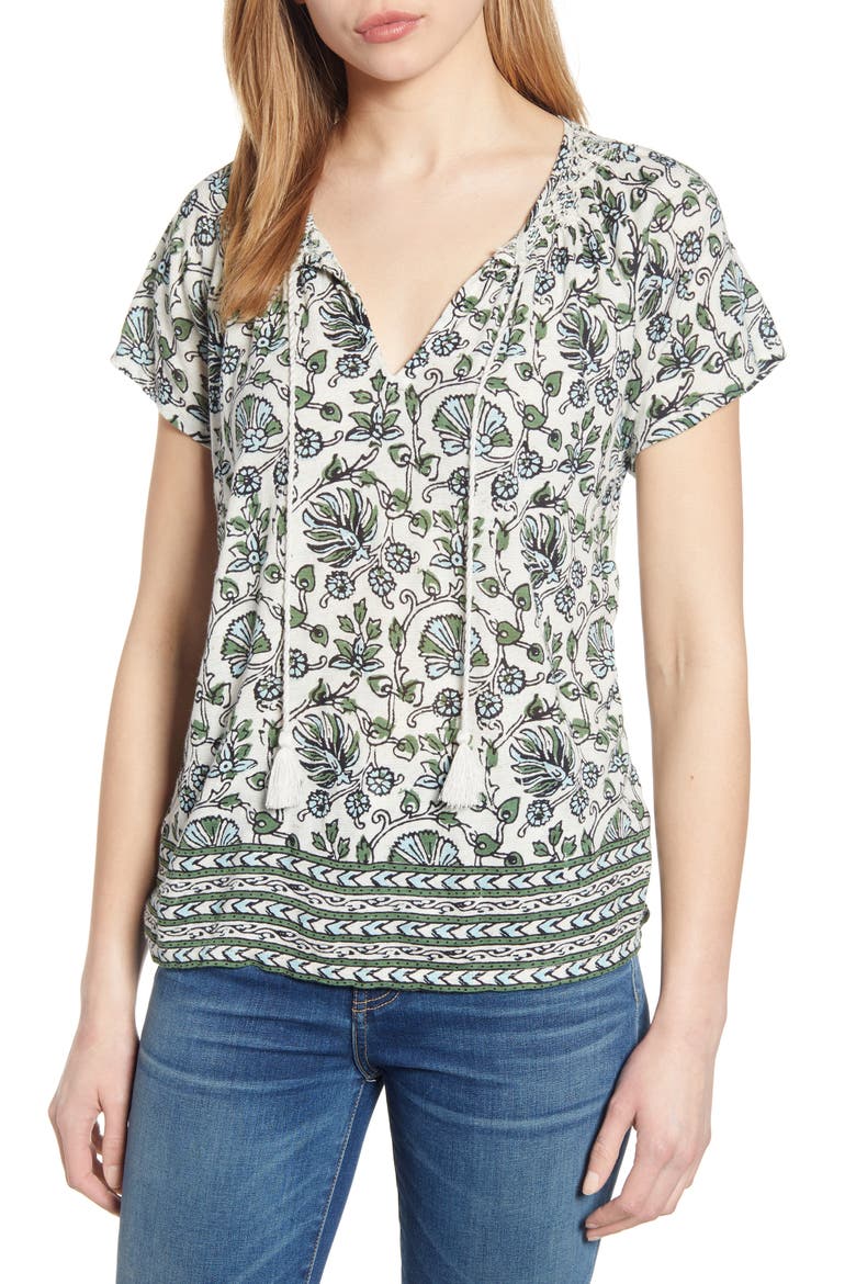Border Print Smocked Top, Main, color, GREEN MULTI