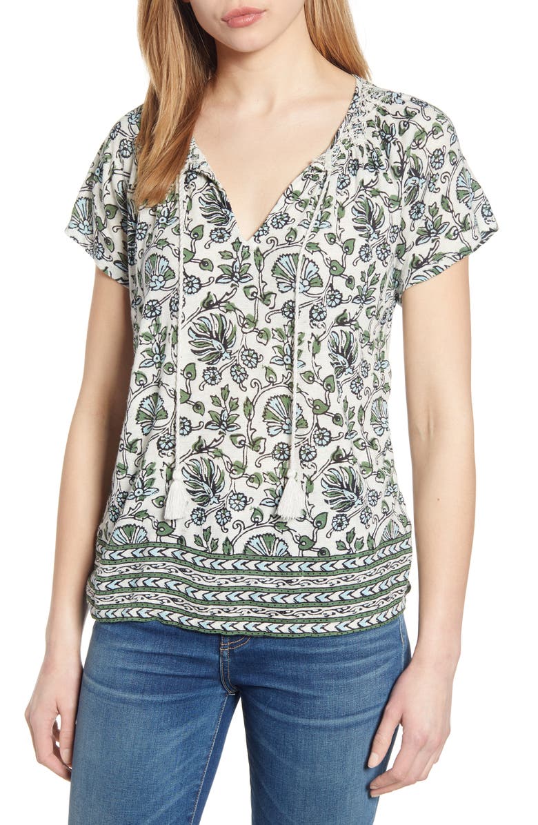 Lucky Brand Border Print Smocked Top, Main, color, 