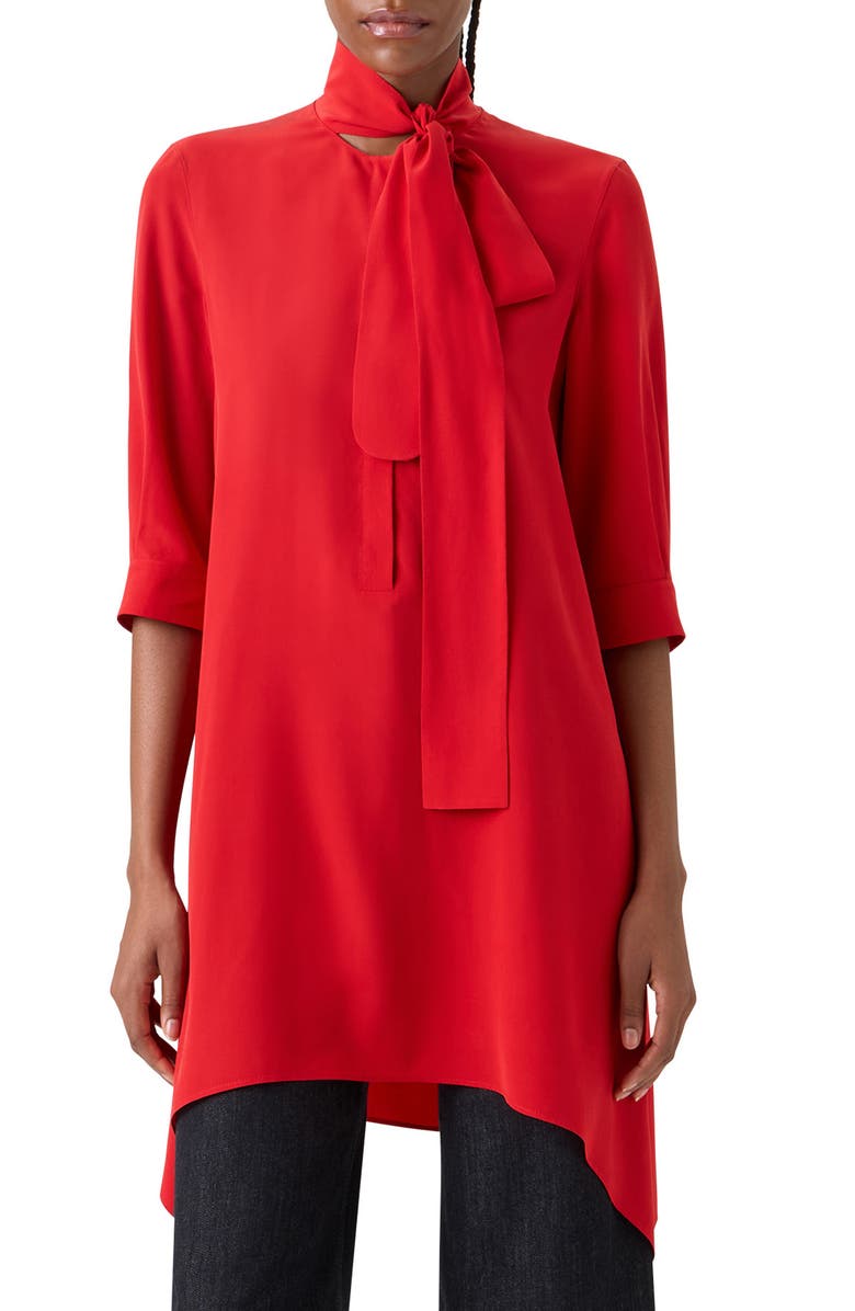 Akris punto Tie Neck Handkerchief Hem Silk Crêpe de Chine Top, Main, color, Red