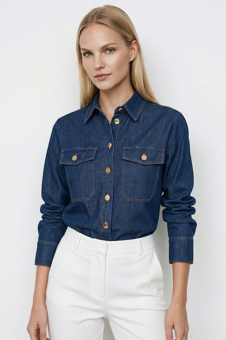 Duwayne Long Sleeve Snap Button Denim Shirt, Alternate, color, Navy