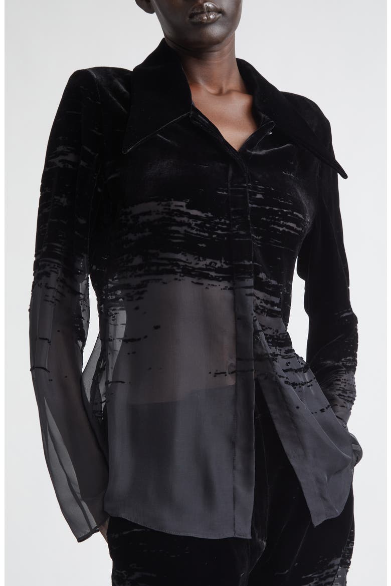 Glitch Devoré Velvet & Sheer Chiffon Button-Up Shirt, Alternate, color, BLACK