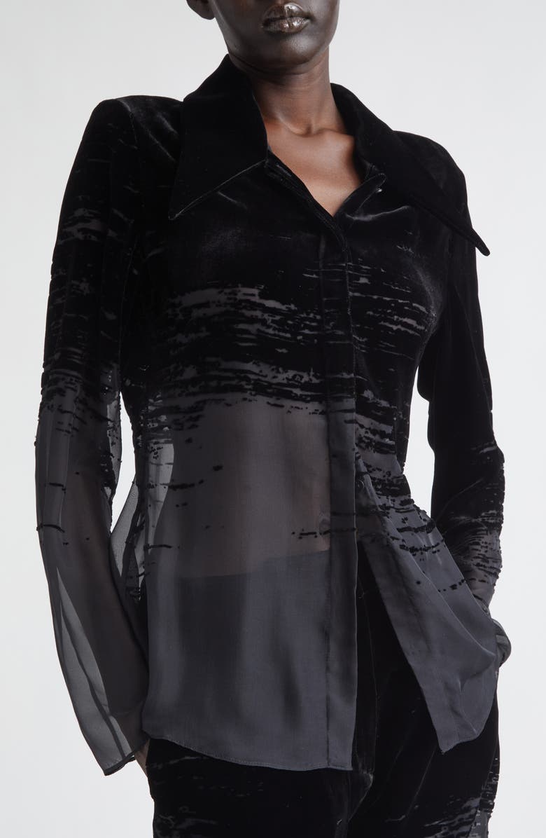 GRACE LING Glitch Devoré Velvet & Sheer Chiffon Button-Up Shirt, Alternate, color, Black