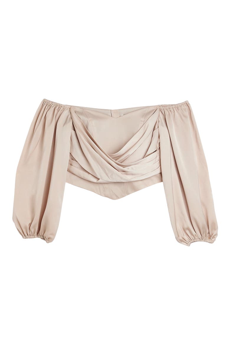 Off the Shoulder Long Sleeve Satin Corset Crop Top, Alternate, color, LIGHT BEIGE