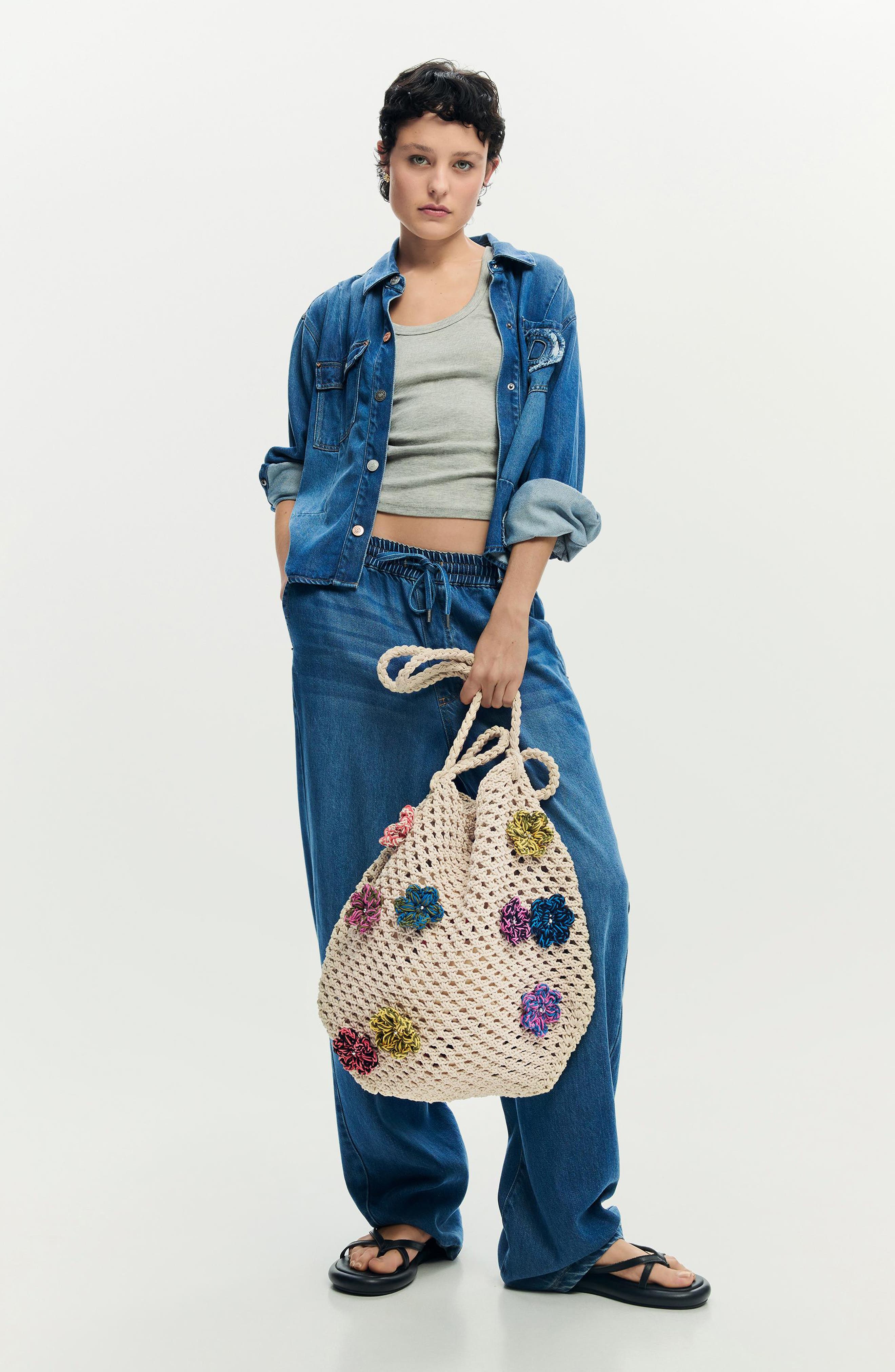 Desigual Floral Appliqué Open Knit Cotton Shoulder Bag, Alternate, color, Ivory Multi