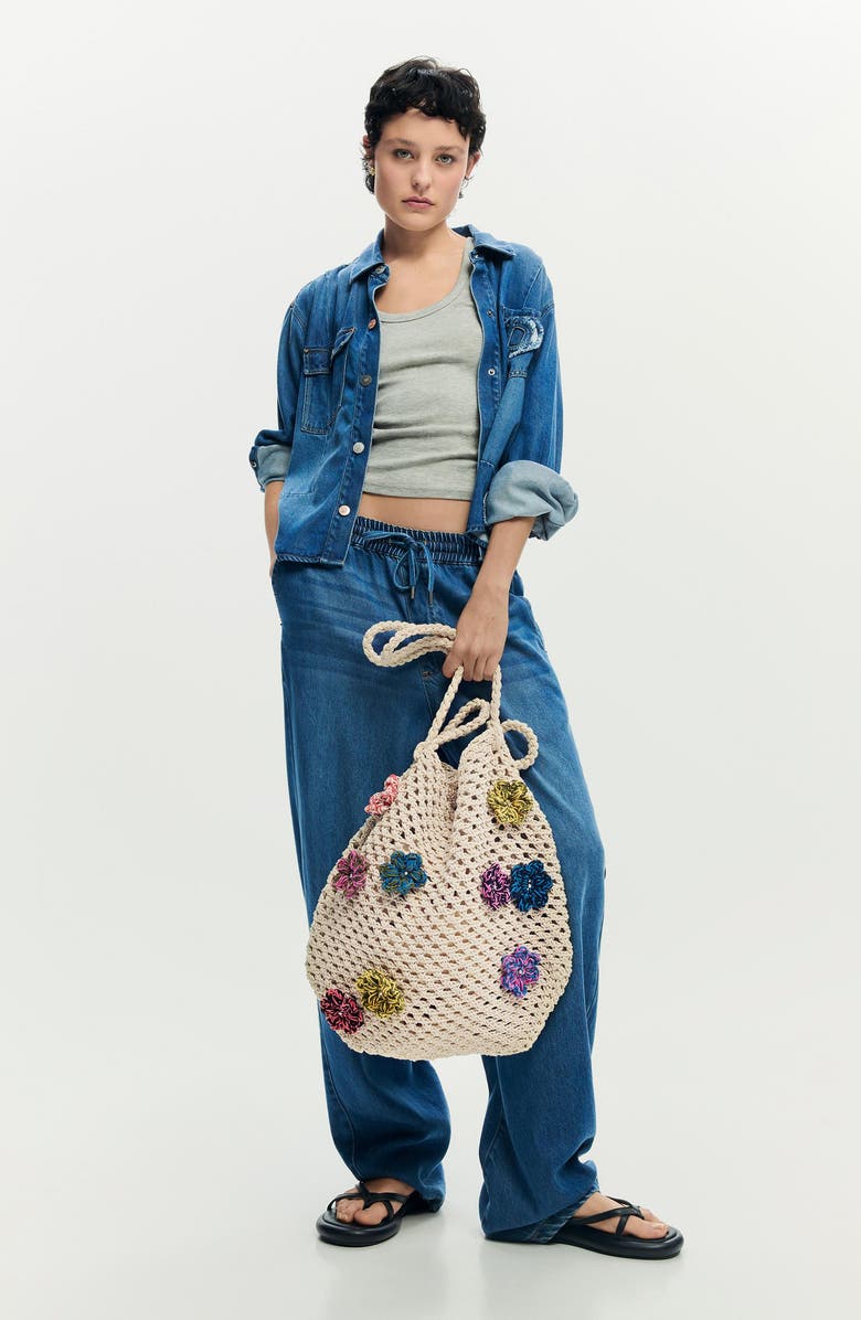 Desigual Floral Appliqué Open Knit Cotton Shoulder Bag, Alternate, color, Ivory Multi