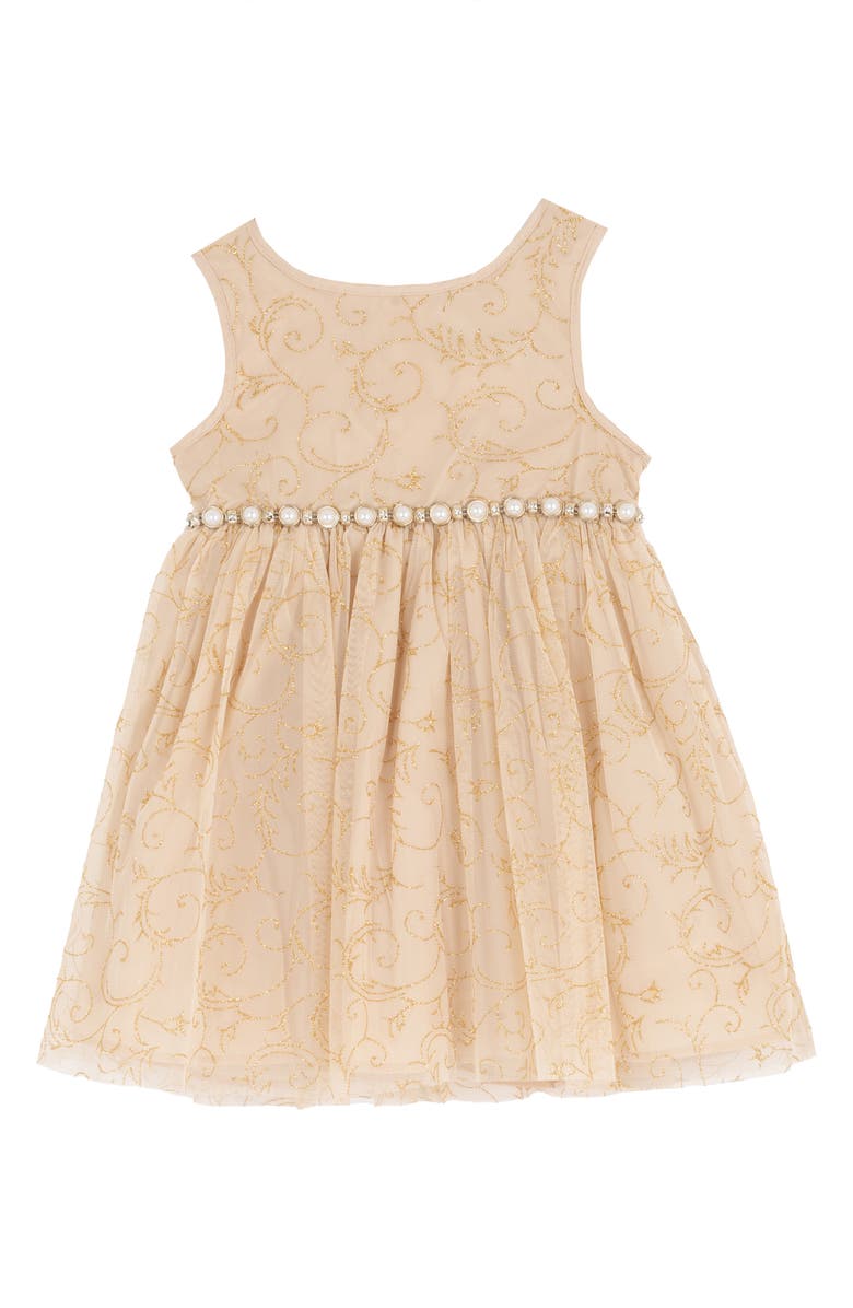 Rare Editions Kids' Glitter Mesh Party Dress & Faux Fur Shrug Set, Alternate, color, Champagne