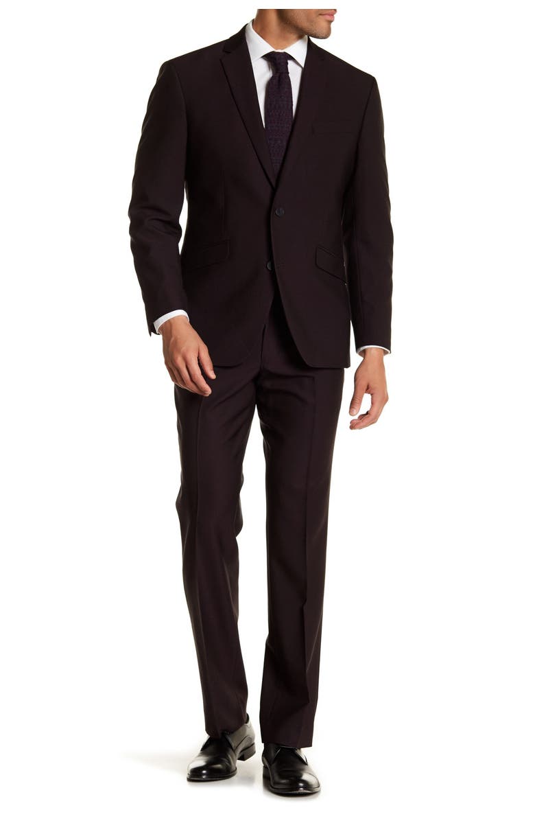 Reaction Kenneth Cole Burgundy Solid Two Button Notch Lapel Performance Stretch Slim Fit Suit, Main, color, 