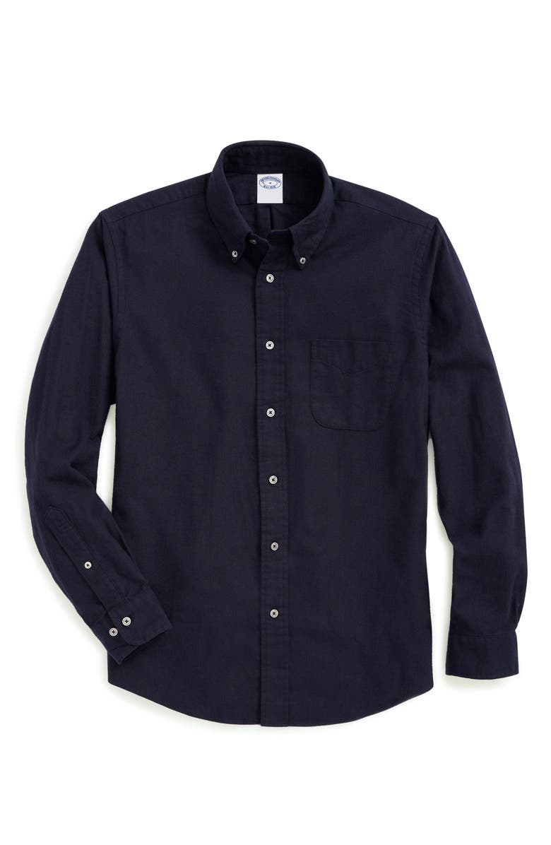Brooks Brothers Solid Flannel Button-Down Shirt, Main, color, Navy