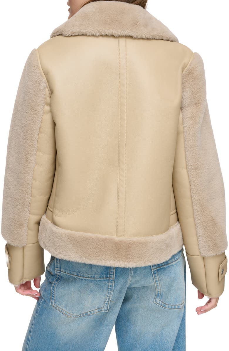 Andrew Marc Faux Fur Trim Faux Leather Aviator Jacket, Alternate, color, Oat