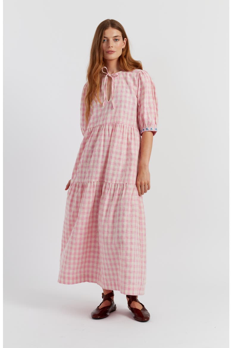 Linen Blend Gingham Day Dress, Main, color, Pink Gingham