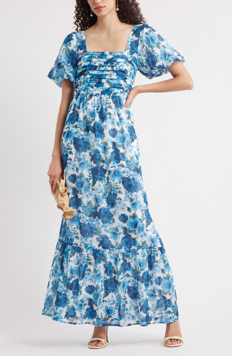 Chelsea28 Floral Tiered Puff Sleeve Maxi Dress, Alternate, color, Blue Floral