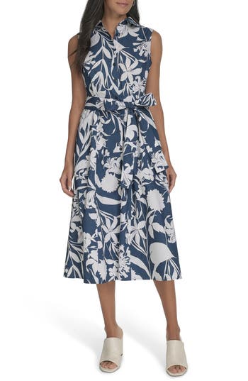 Calvin Klein Floral Sleeveless Cotton Shirtdress In Indigo Multi