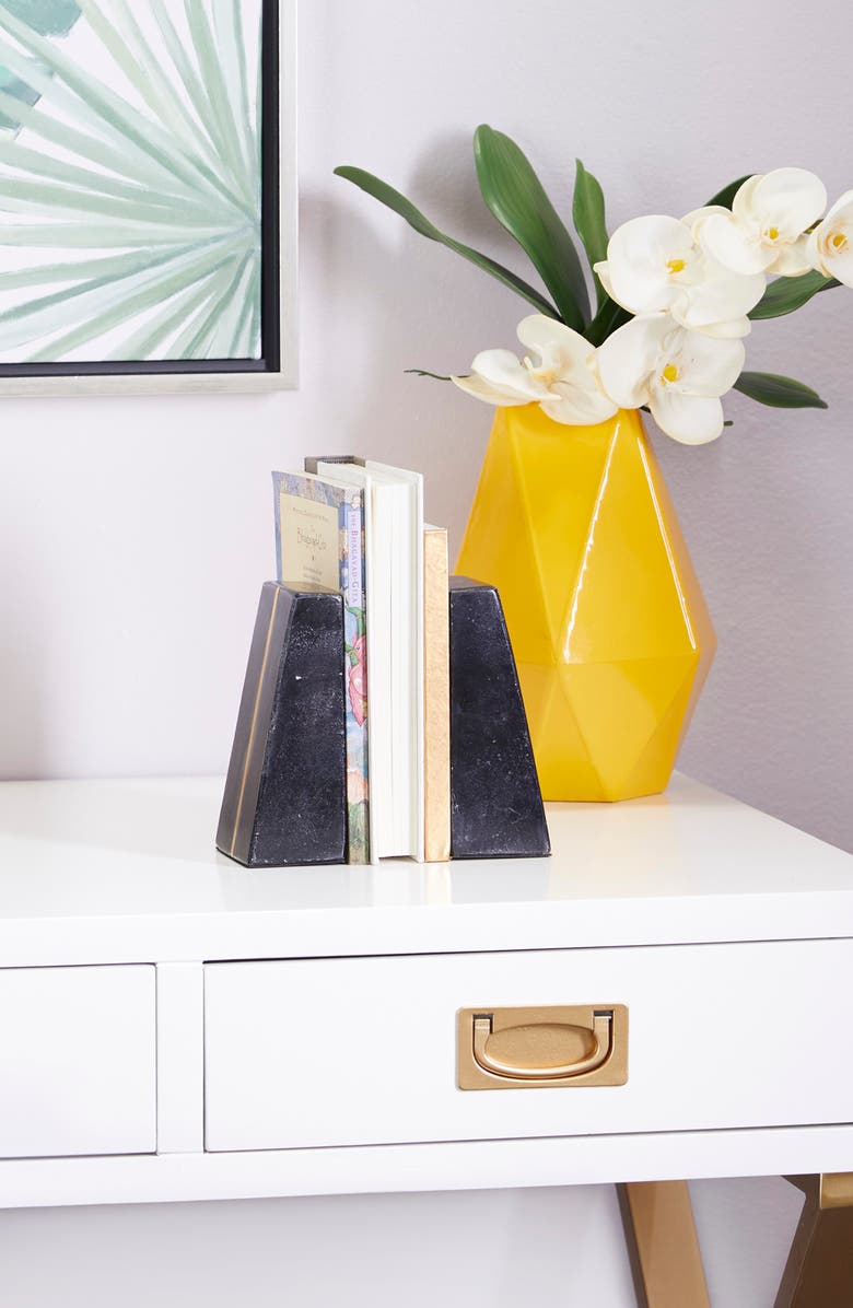WILLOW ROW Black Marble Block Geometric Bookend with Goldtone Inlay - Set of 2, Alternate, color,