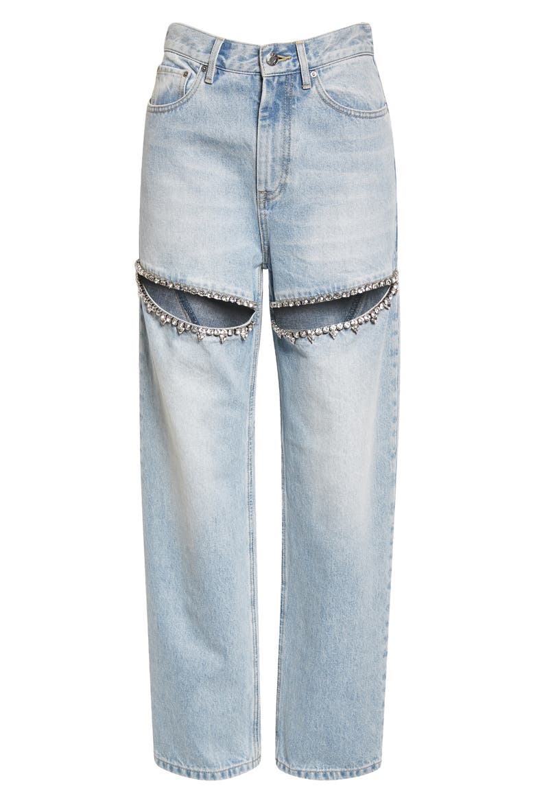 Crystal Slit Cotton Denim Straight Leg Jeans, Alternate, color, LIGHT BLUE