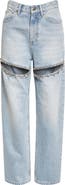 Area Crystal Slit Cotton Denim Straight Leg Jeans
