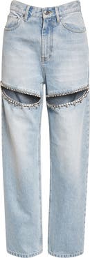 Area Crystal Slit Cotton Denim Straight Leg Jeans