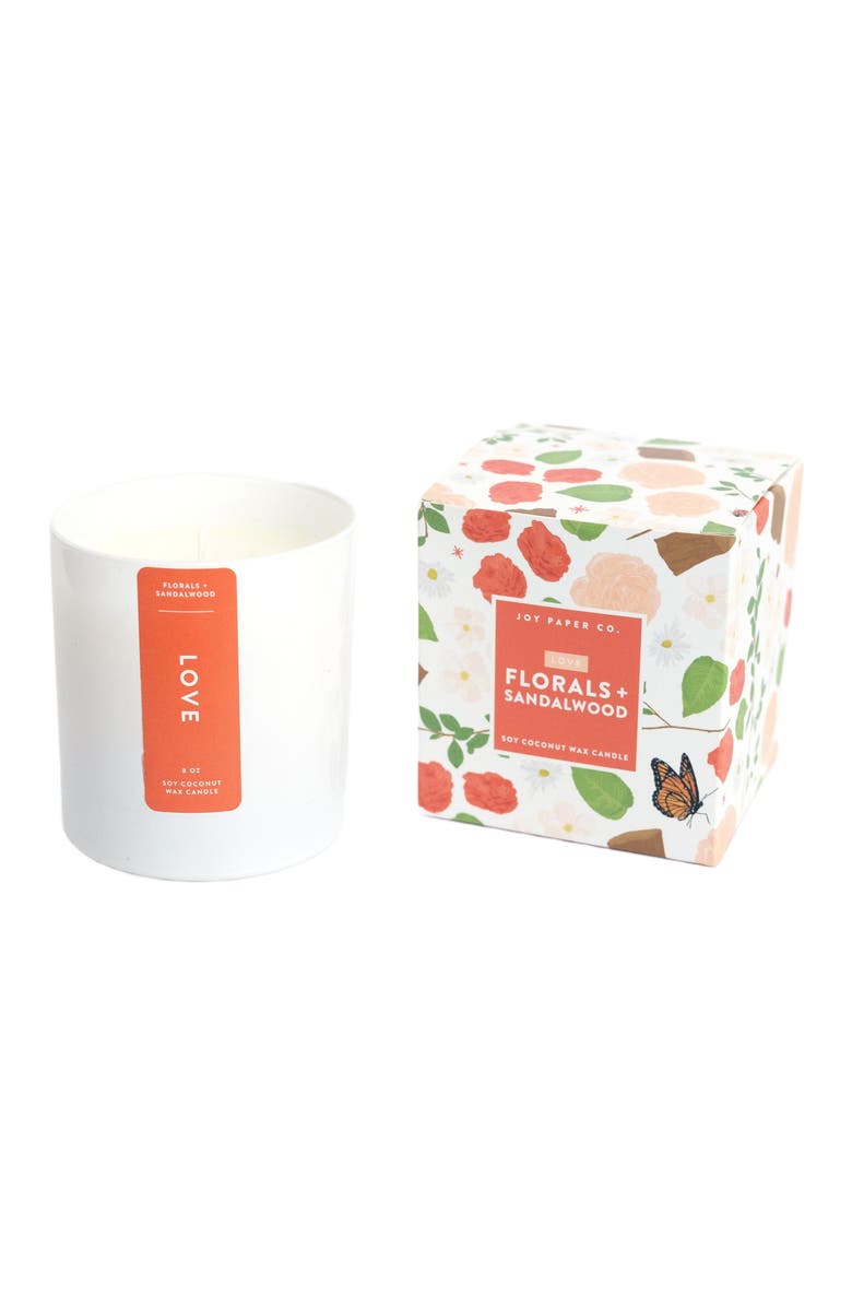 Joy Paper Co. Love Florals Sandalwood Soy Coconut Candle, Main, color, White Glass